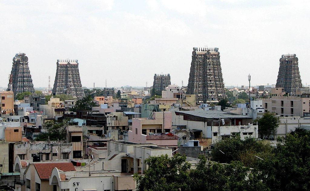 Madurai and view of the gopurams of Meenakshi temple, State of Tamil Nadu, India-South India Itinerary